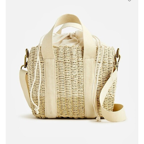 J CREW Small Montauk Bag Straw Tote Drawstring Top Removable Crossbody Strap - Picture 1 of 11